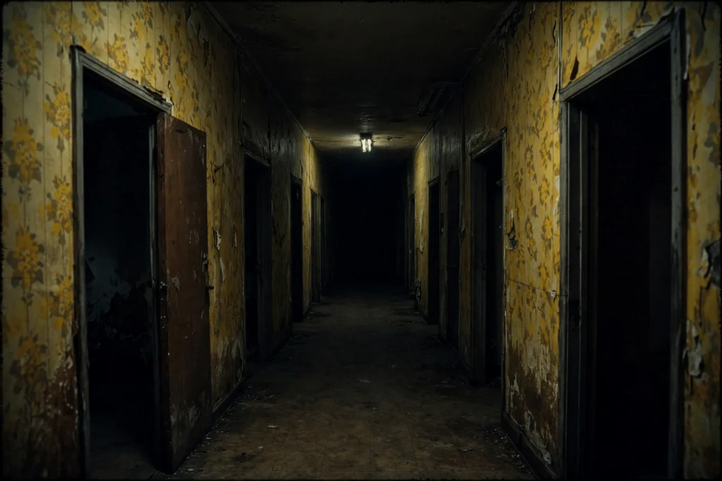 The yellow fluorescent-lit hallways of the Backrooms horror movie