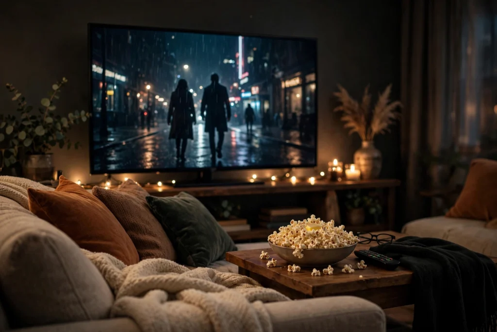 Watching free movies online on a laptop during a cozy movie night