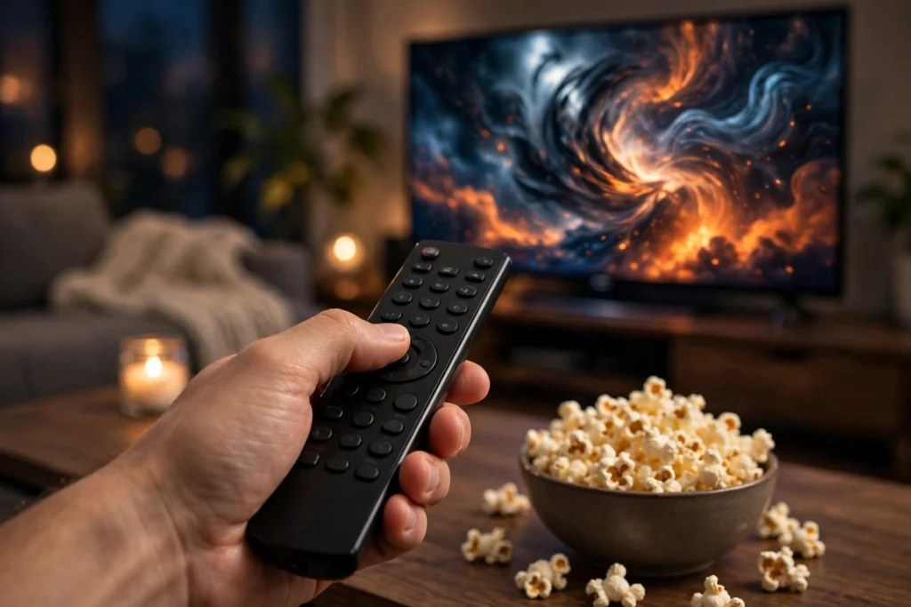 Hand holding a TV remote pointed at a glowing television with a popcorn bowl on the table