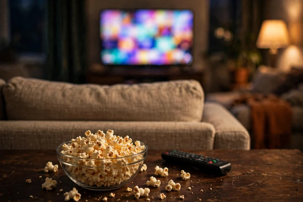 Bowl of popcorn and remote on a coffee table facing a glowing TV