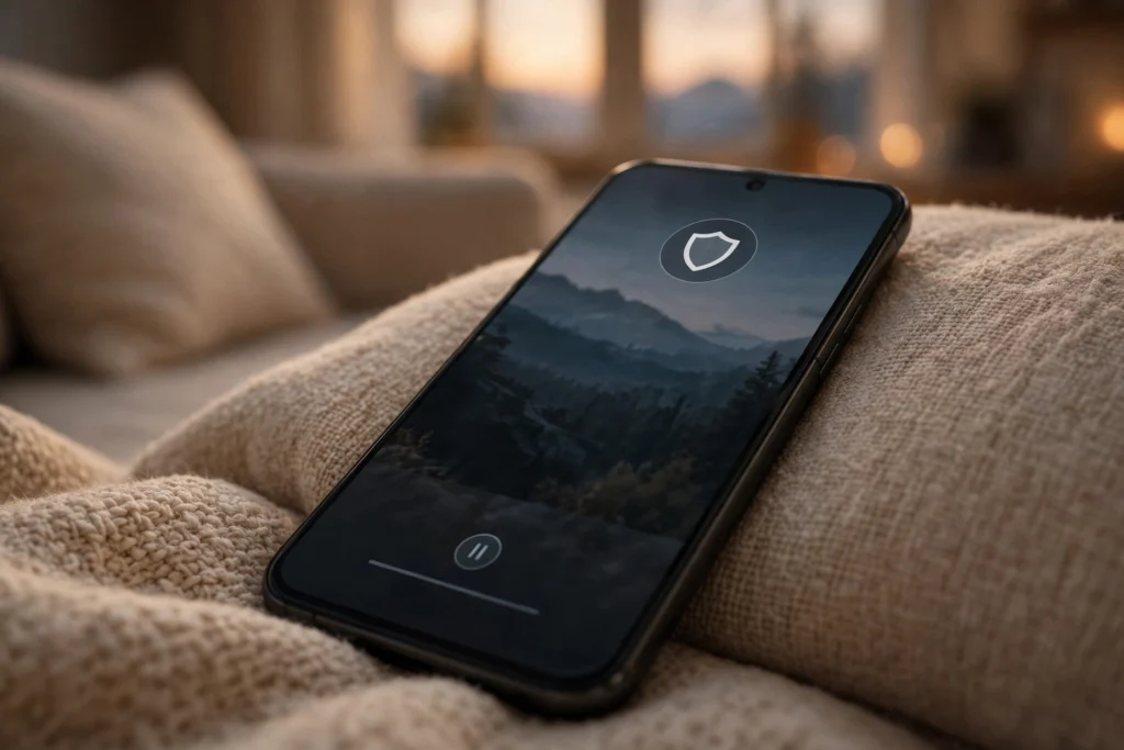 Smartphone showing a streaming app next to a shield symbol for online safety