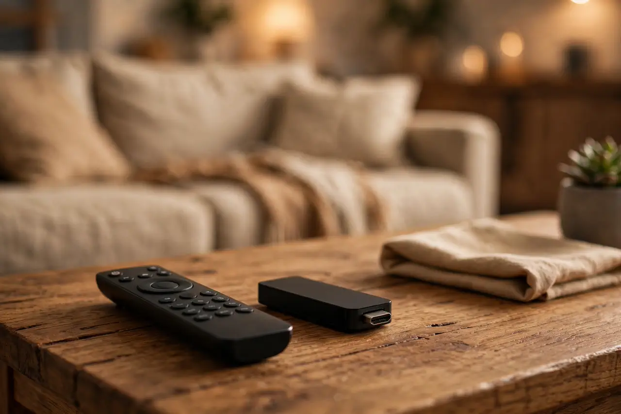 TV remote resting on a coffee table beside a small streaming device