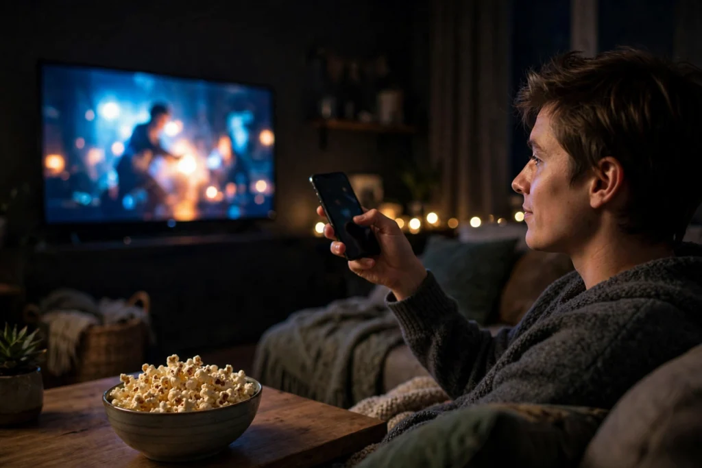 Person using a phone to control streaming on a television in a dark cozy room
