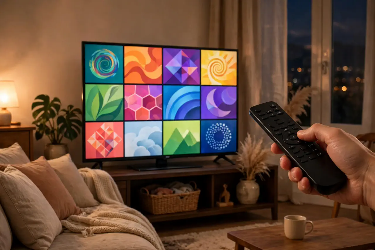 Hand holding a remote pointed at a TV displaying streaming app tiles