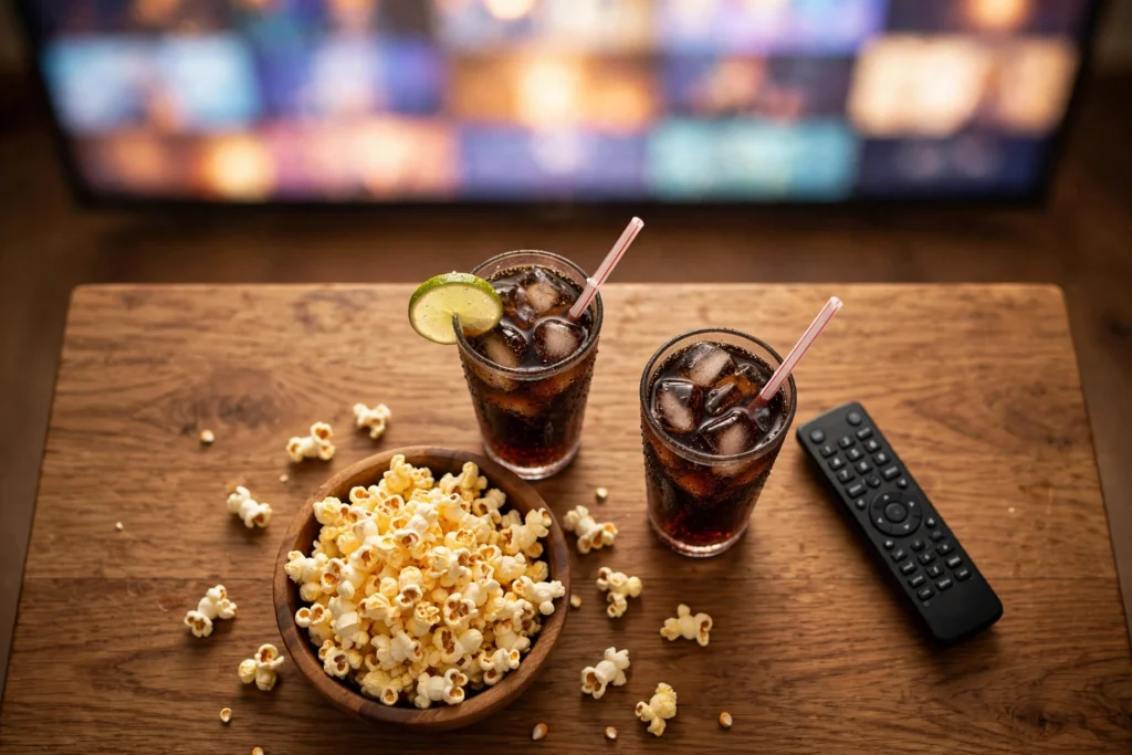 Overhead movie-night flat-lay with popcorn, drinks, and a remote in front of a TV