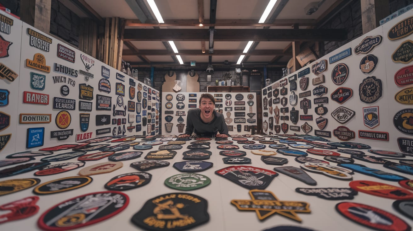 A person joyfully explores a vibrant collection of custom patches, showcasing his unique style and creativity.