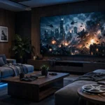 Modern living room at night with a big TV playing a movie scene, popcorn bowl on a side table