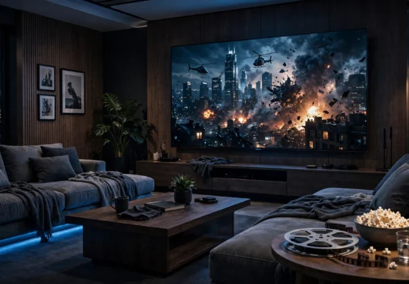 Modern living room at night with a big TV playing a movie scene, popcorn bowl on a side table