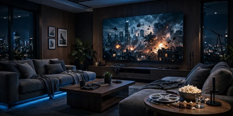 Modern living room at night with a big TV playing a movie scene, popcorn bowl on a side table