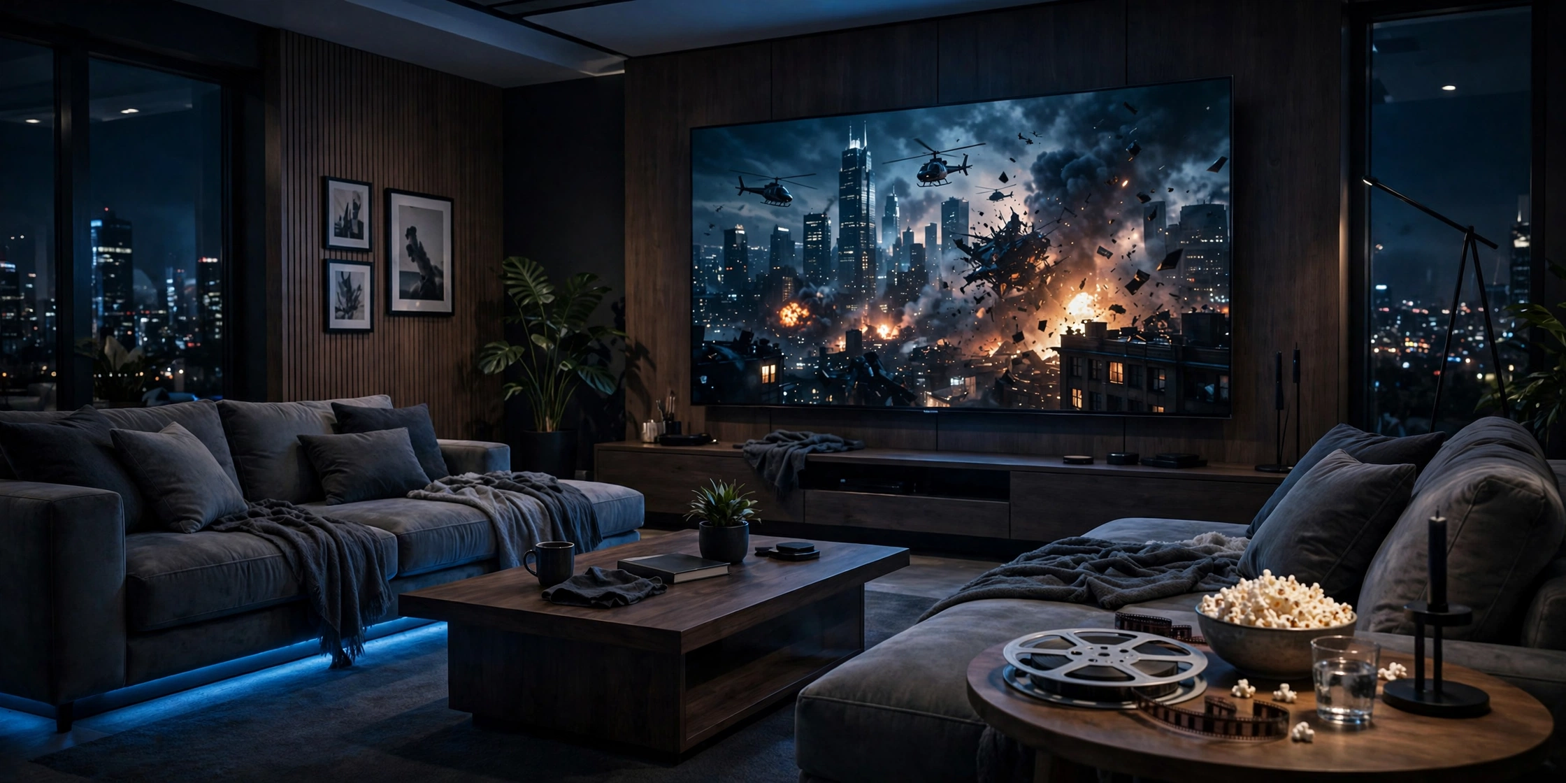 Modern living room at night with a big TV playing a movie scene, popcorn bowl on a side table