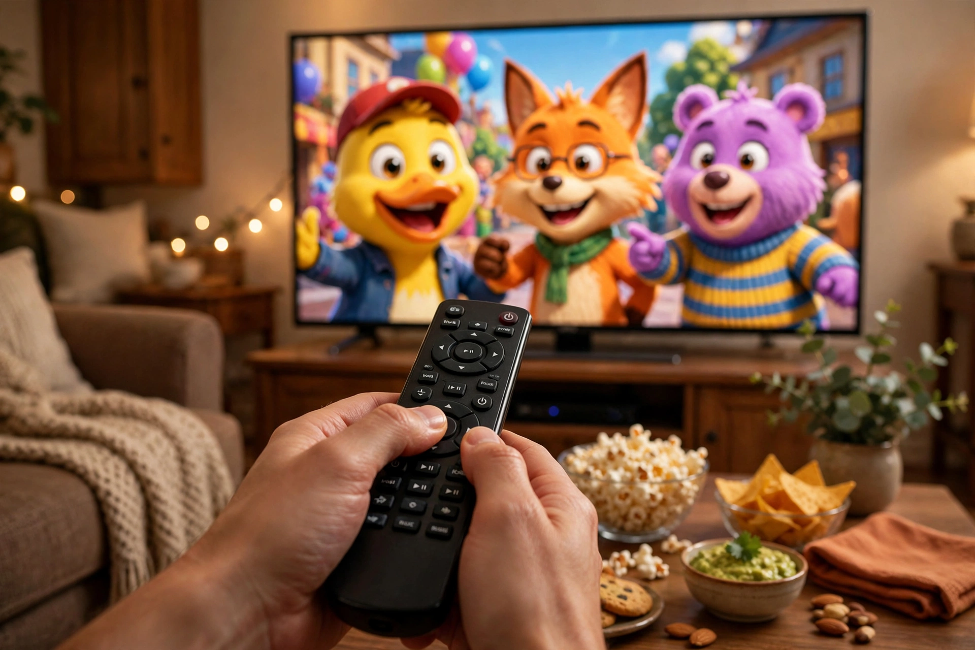 Hands holding a TV remote aimed at a television showing a colorful movie scene