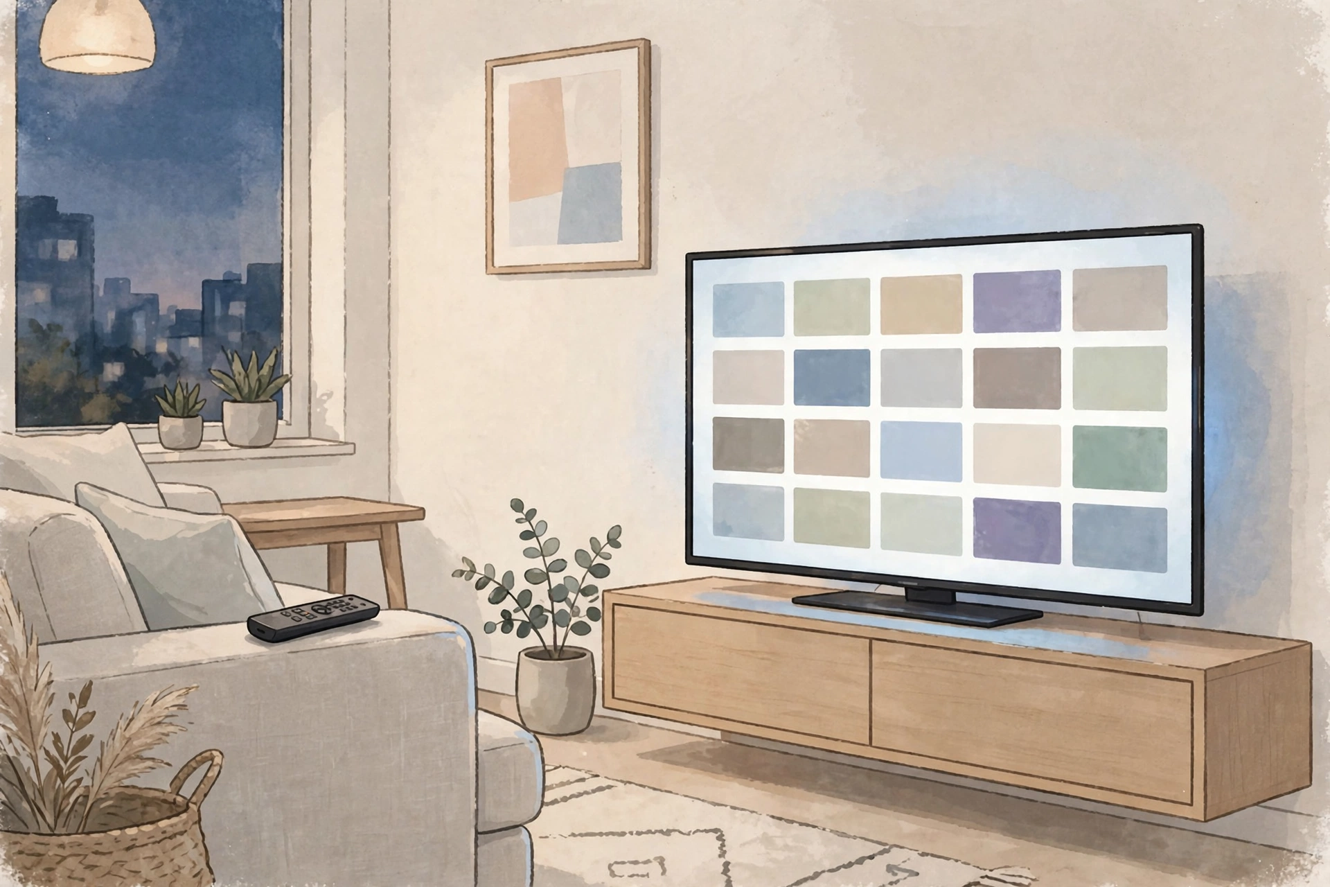 Smart TV showing a free live TV channel guide in a modern living room