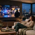Person relaxing on a couch watching live television in a modern living room