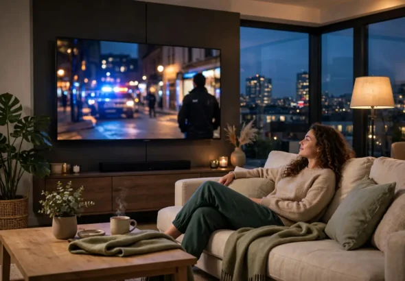 Person relaxing on a couch watching live television in a modern living room