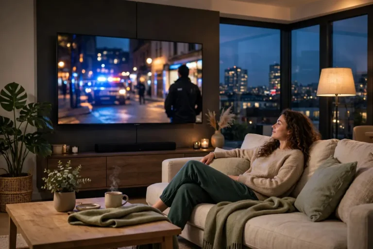 Person relaxing on a couch watching live television in a modern living room