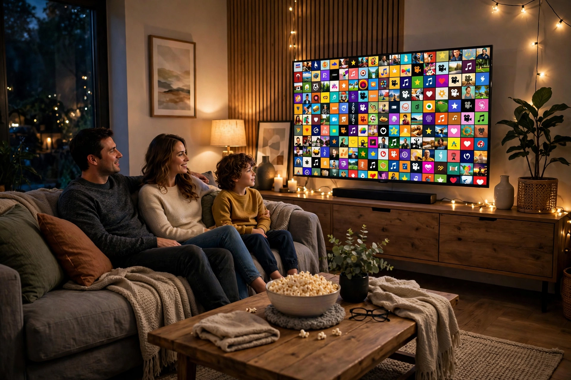 Cozy living room TV showing a colorful grid of streaming channels