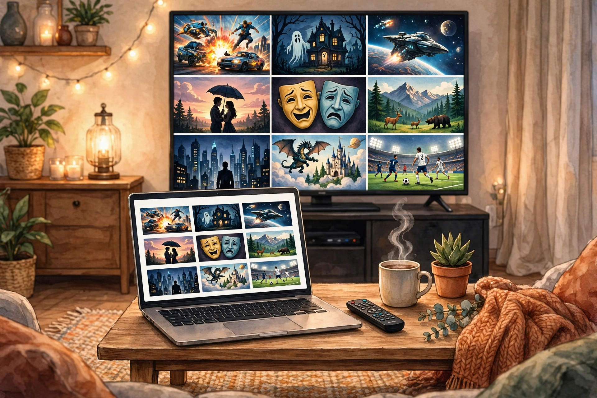 Cozy living room with TV and laptop set up for watching free movies online