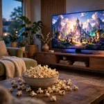 Cozy living room with a large glowing TV and popcorn bowl on a coffee table at dusk