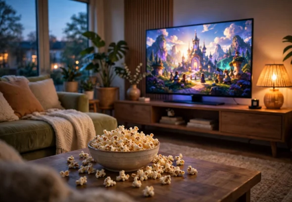 Cozy living room with a large glowing TV and popcorn bowl on a coffee table at dusk