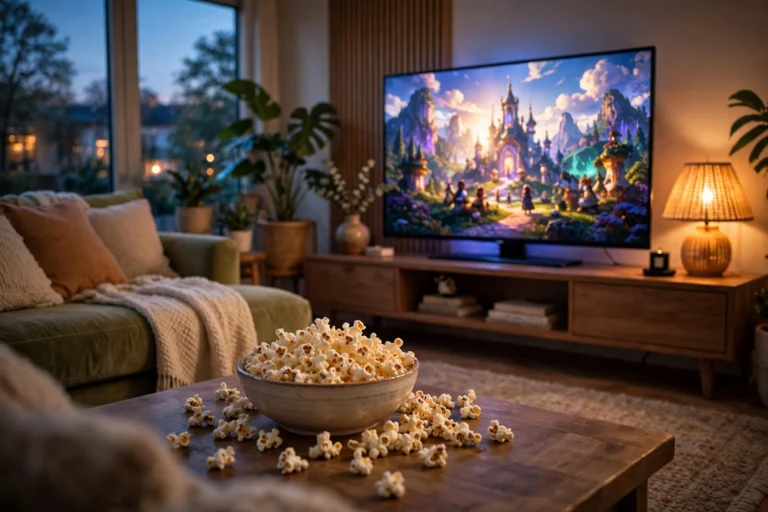 Cozy living room with a large glowing TV and popcorn bowl on a coffee table at dusk