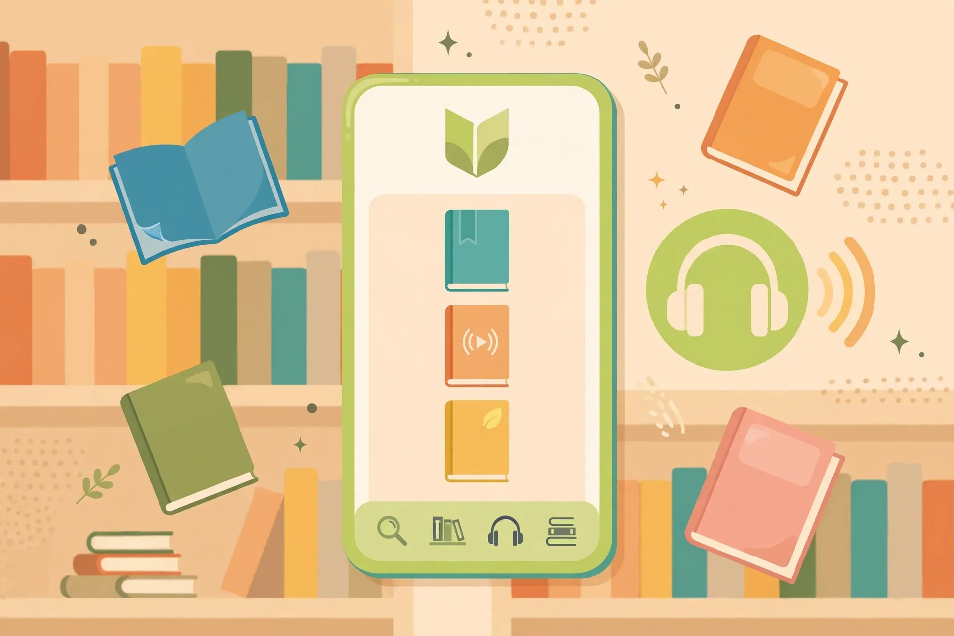 Libby library app illustration with ebooks and audiobooks