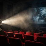 Dark cinema room with a film projector beaming light toward a large screen in front of red seats