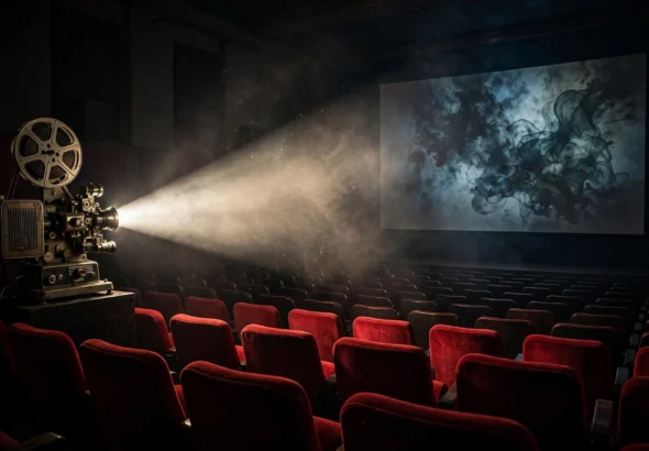 Dark cinema room with a film projector beaming light toward a large screen in front of red seats
