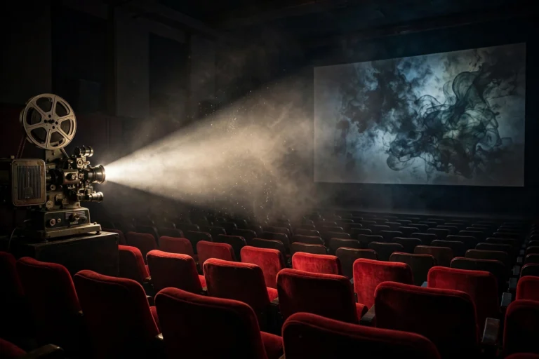 Dark cinema room with a film projector beaming light toward a large screen in front of red seats