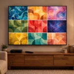 Cozy living room with a large TV displaying a colorful streaming media library on a wooden console