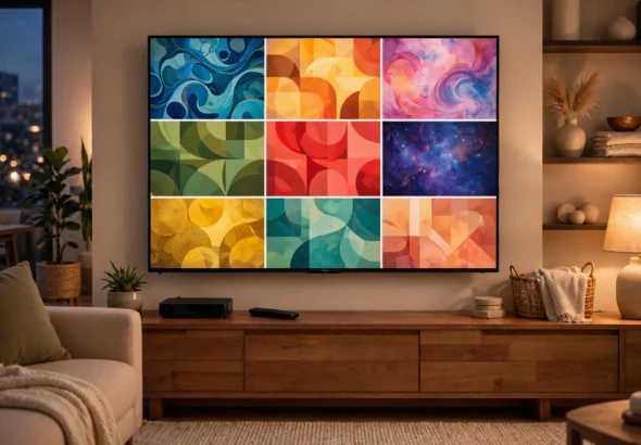 Cozy living room with a large TV displaying a colorful streaming media library on a wooden console