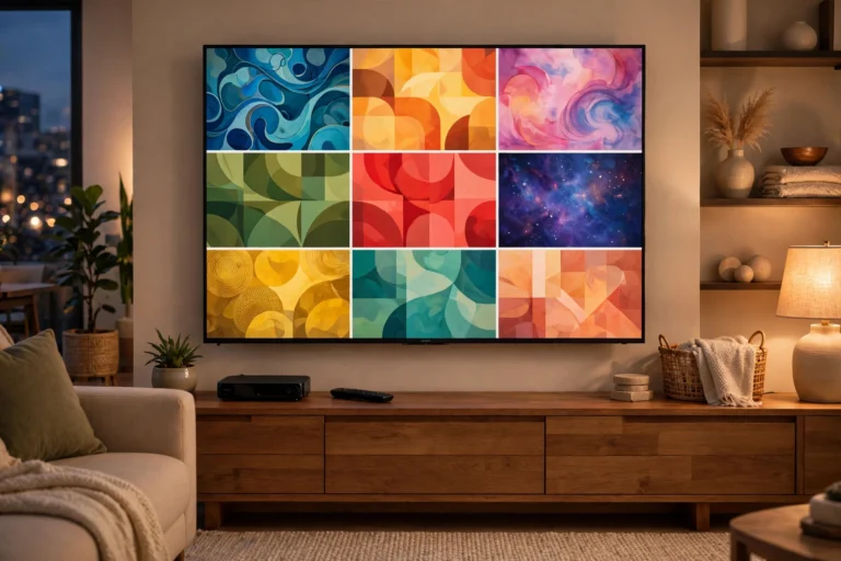 Cozy living room with a large TV displaying a colorful streaming media library on a wooden console