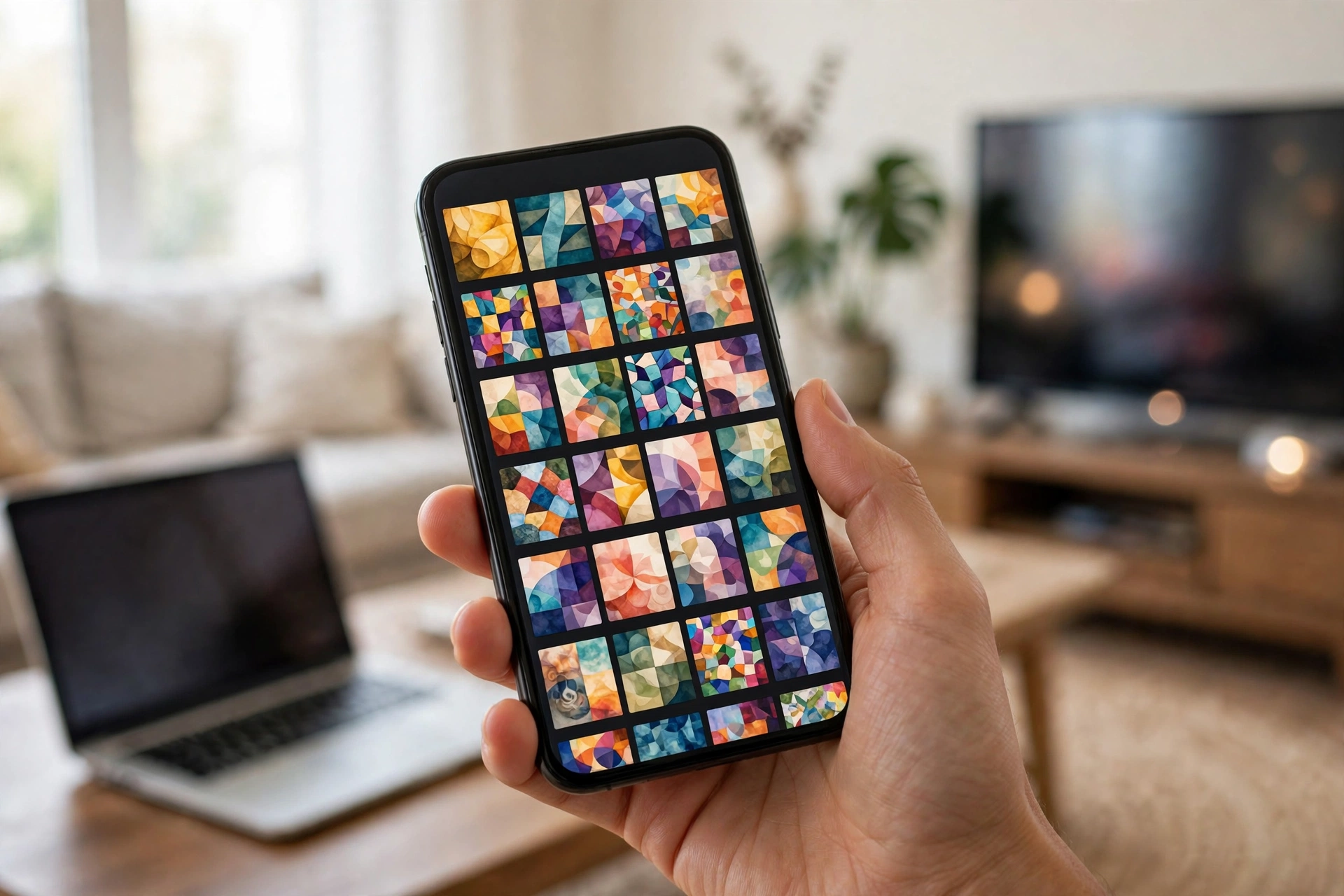 Hand holding a smartphone showing a colorful media library app interface