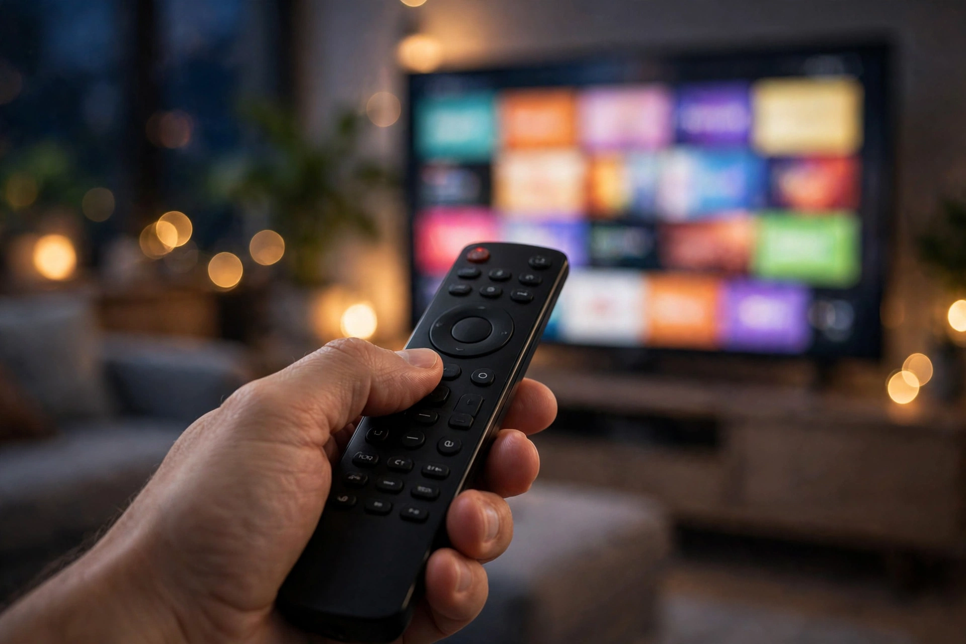 Hand holding a remote pointed at a TV with a streaming menu