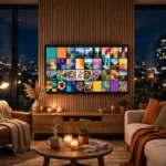 Living room with a television showing a colorful streaming home screen at night