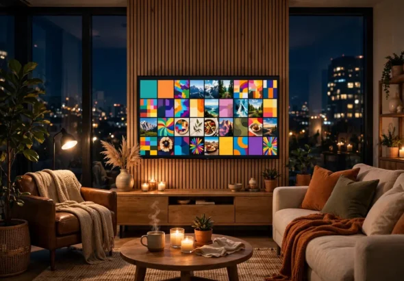 Living room with a television showing a colorful streaming home screen at night