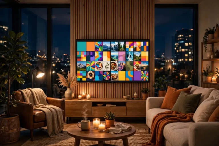 Living room with a television showing a colorful streaming home screen at night