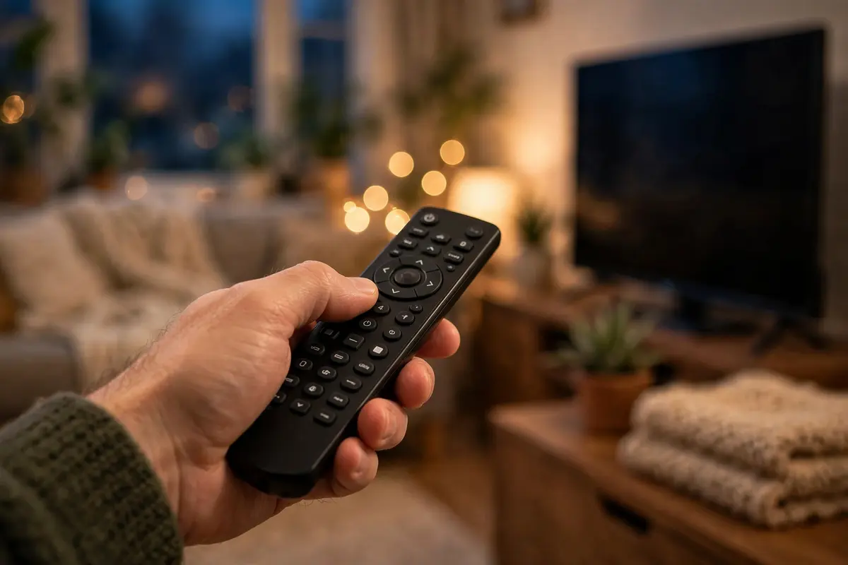 Hand holding a remote control pointed at a television in a cozy living room
