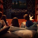 Cozy living room set up for a movie night at home