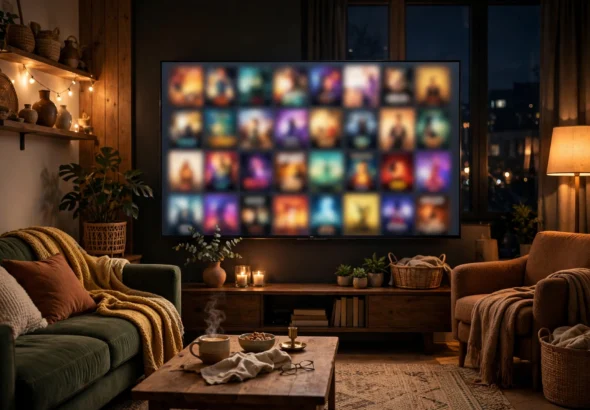 Television glowing in a cozy living room during a movie night