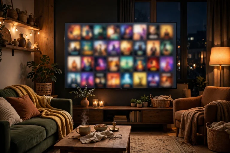Television glowing in a cozy living room during a movie night
