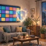 Living room television showing a streaming home screen with a shield icon in front
