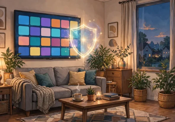 Living room television showing a streaming home screen with a shield icon in front