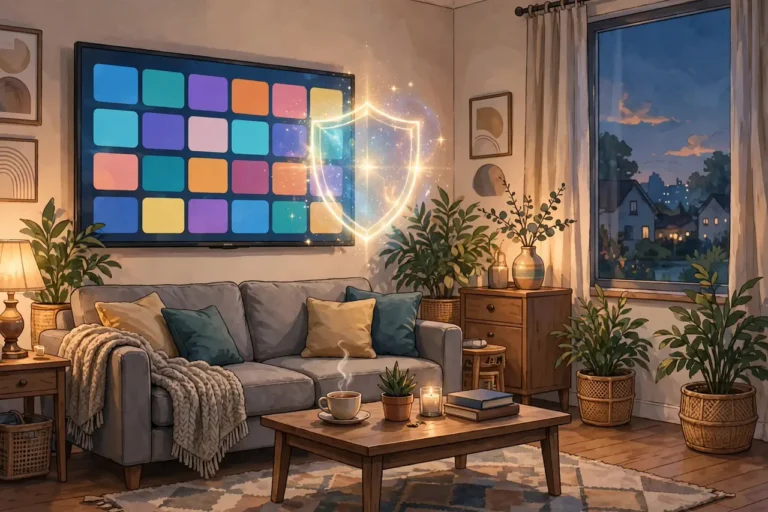 Living room television showing a streaming home screen with a shield icon in front