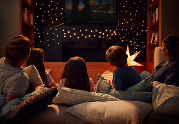 Cozy living room set up for a movie night at home