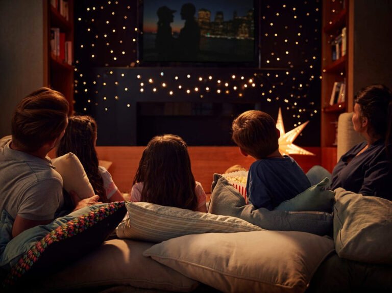 Cozy living room set up for a movie night at home
