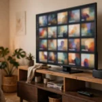 Home entertainment setup with a media server and television in a modern living room