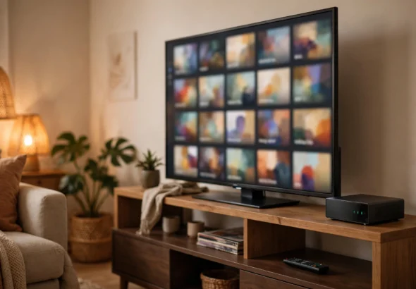 Home entertainment setup with a media server and television in a modern living room