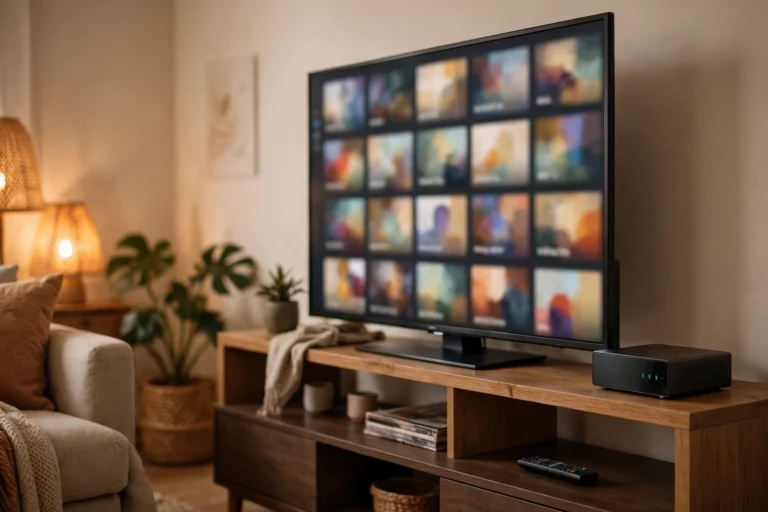 Home entertainment setup with a media server and television in a modern living room