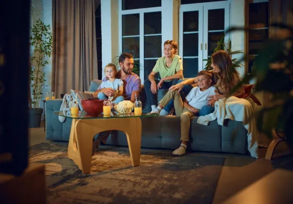 Family watching television together in a cozy living room