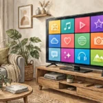 Television showing a grid of colorful streaming app tiles in a living room